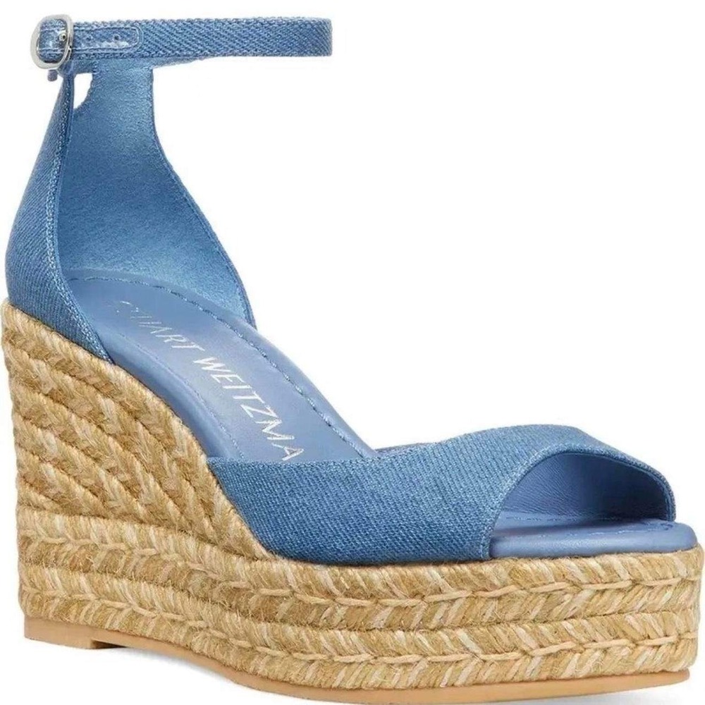 Stuart Weitzman Denim Espadrille Wedge Sandals Blue Peep Toe Ankle Strap